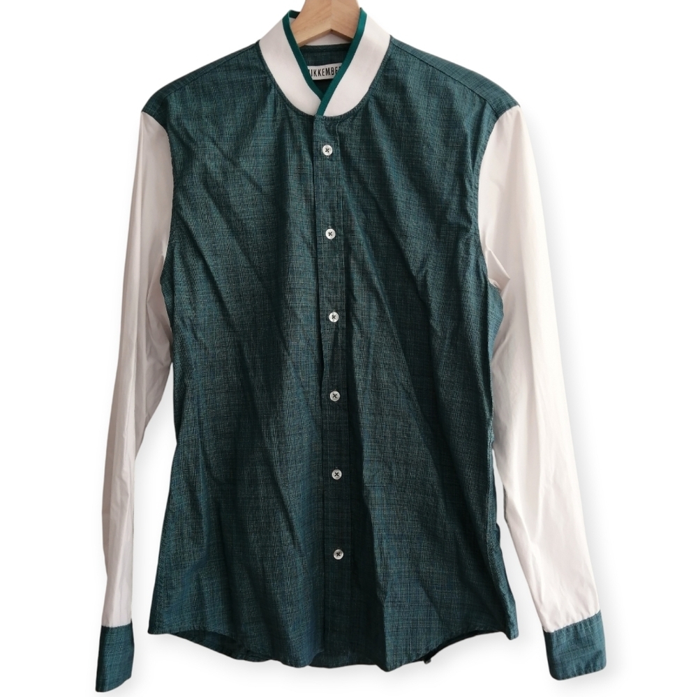 Bikkembergs Men's Two-Tone Button Up Green Plaid with White Sleeves Medium